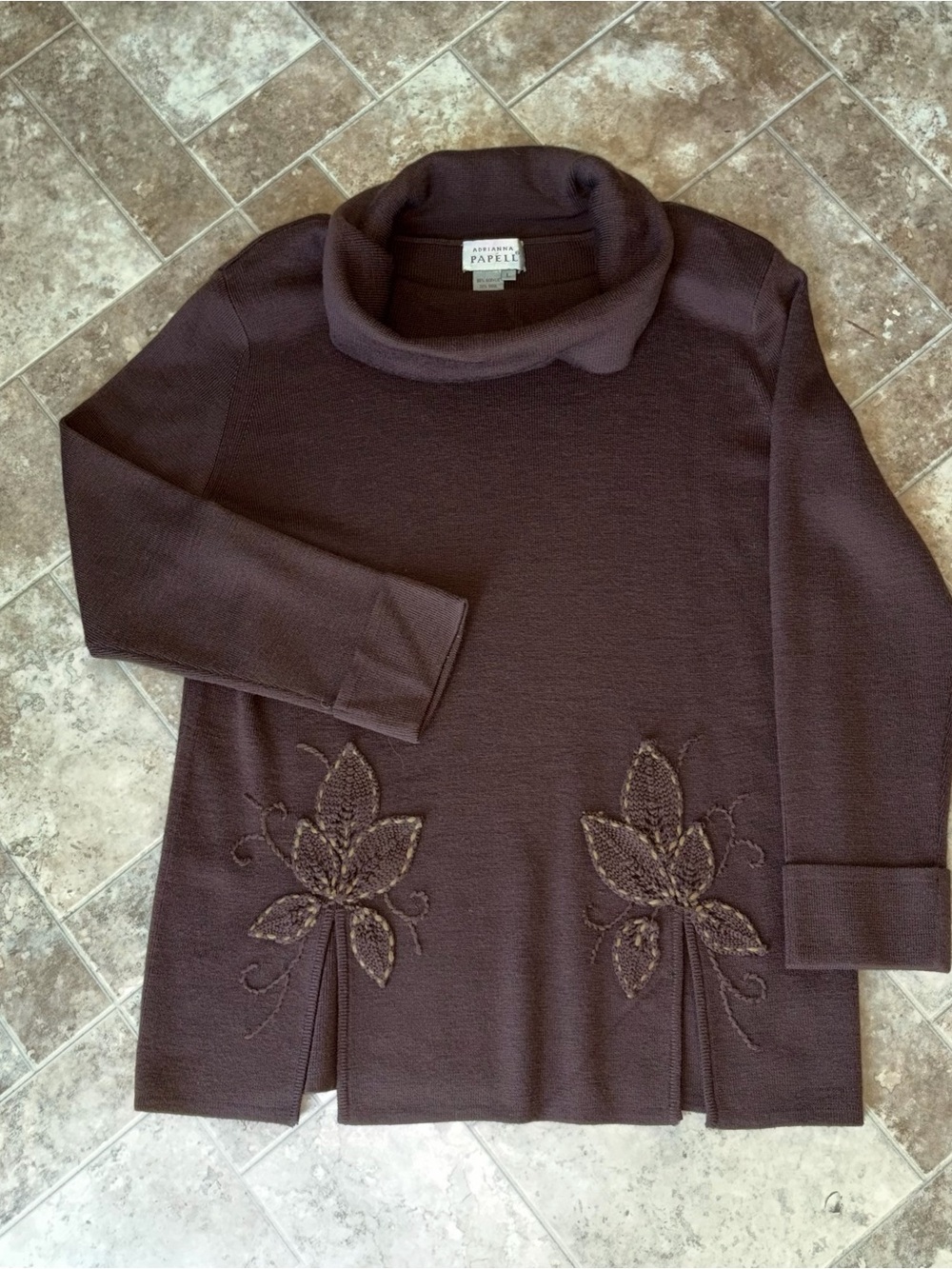 Adrianna Papell Brown Wool Cowl-Neck Embroidered Women's Sweater